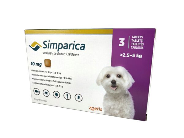 Simparica (Sarolaner) 10 mg tablets fleas and ticks control for dogs 2.5kg - 5kg 3 tab.